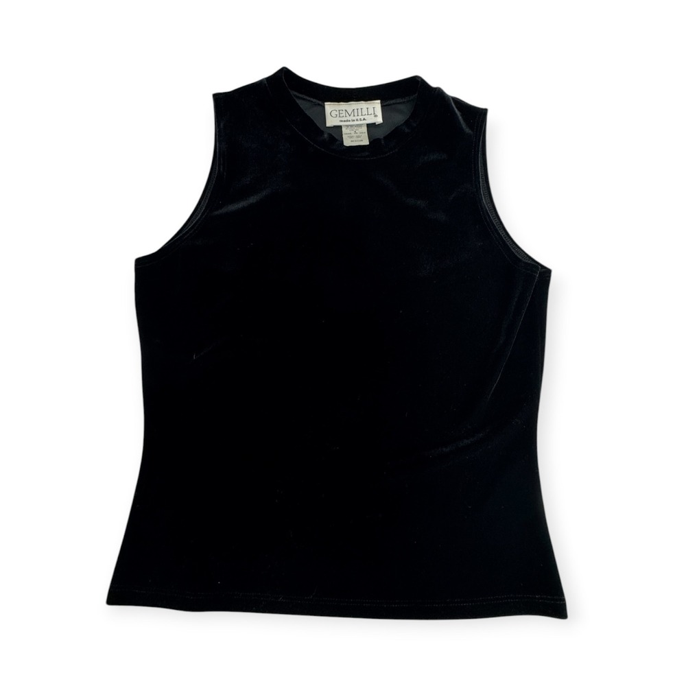 Gemilli Velvet Tank Top Women Medium Black Sleeveless Crew Neck Vintage Made USA